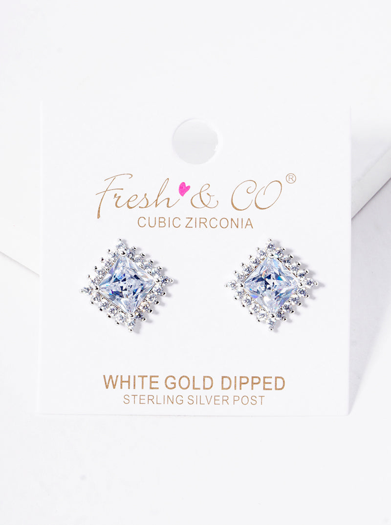 White Gold Dipped 15mm CZ Pave Rhombus Post Stud Earrings