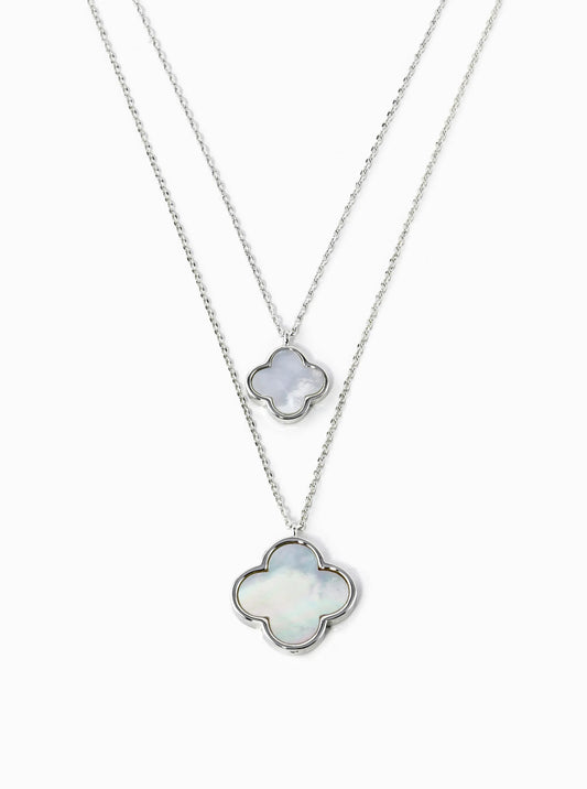 White Gold Dipped 17 And 12mm Double Quatrefoil Pendant Layered Necklace