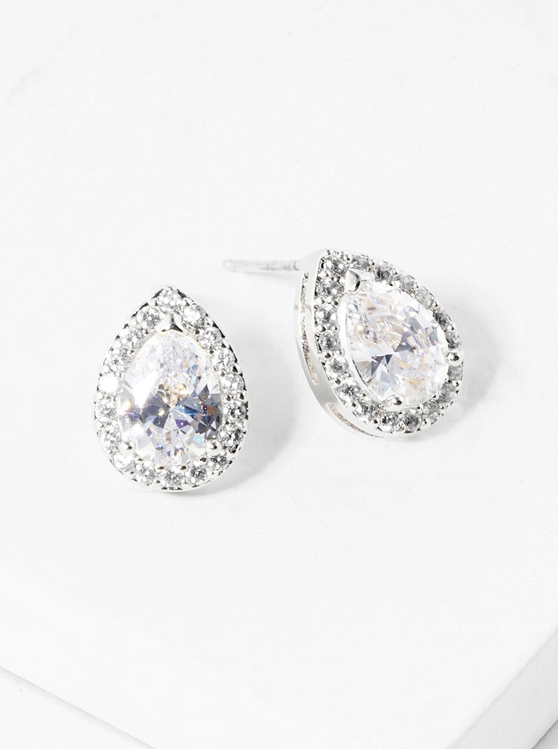 White Gold Dipped 17mm CZ Pave Teardrop Post Stud Earrings