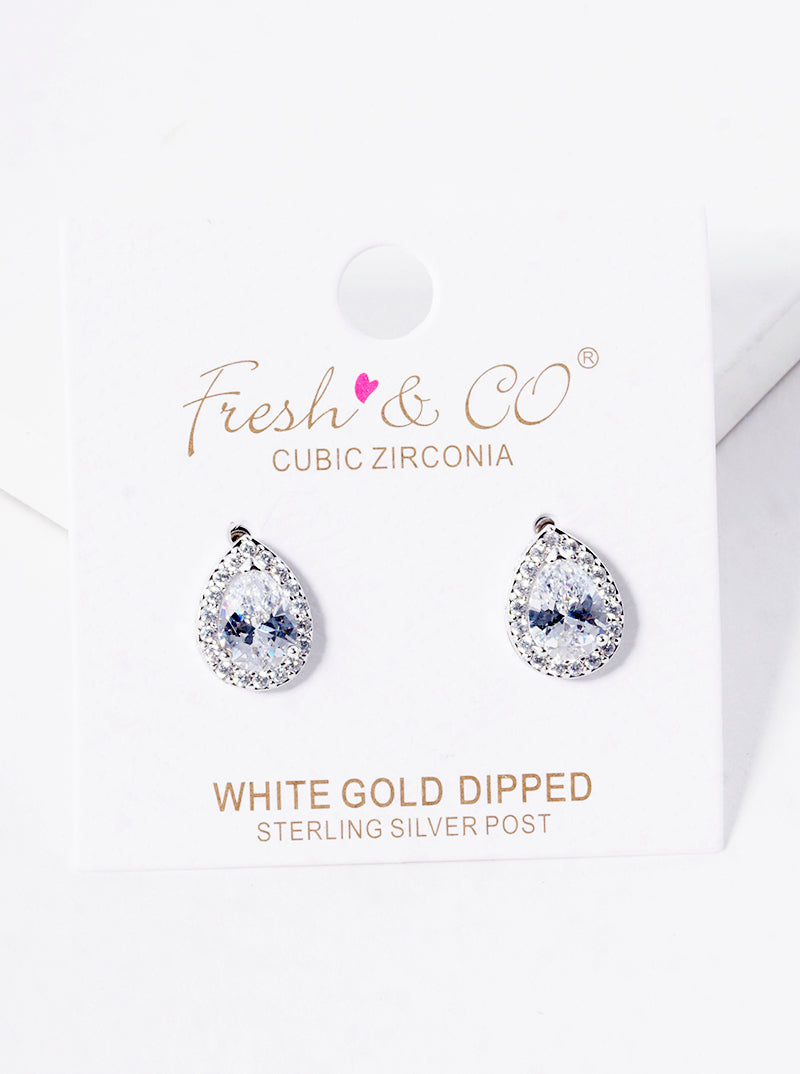 White Gold Dipped 17mm CZ Pave Teardrop Post Stud Earrings