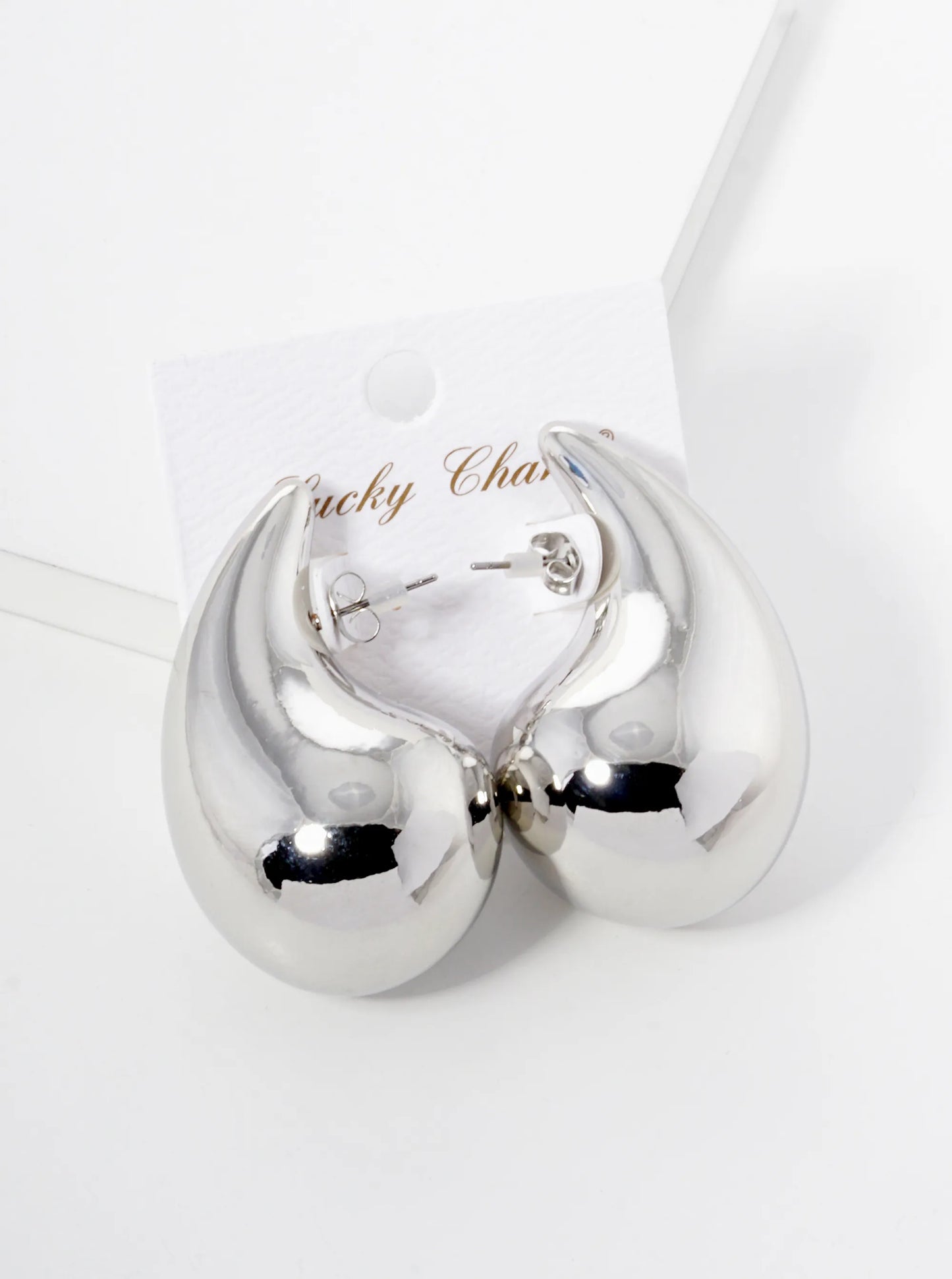 White Gold Dipped 2 Inch Hollow Puffy Teardrop Stud Earrings