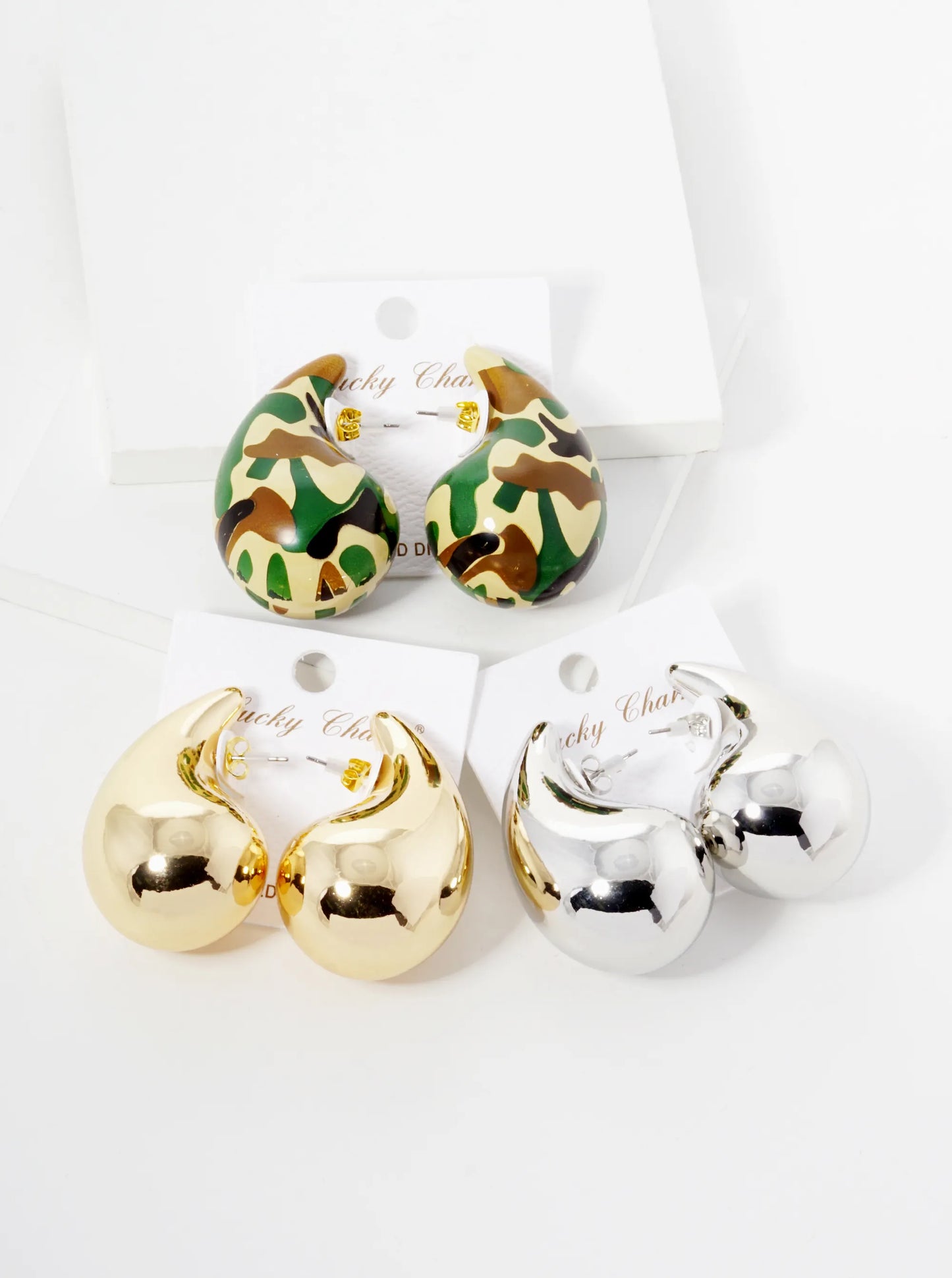 White Gold Dipped 2 Inch Hollow Puffy Teardrop Stud Earrings