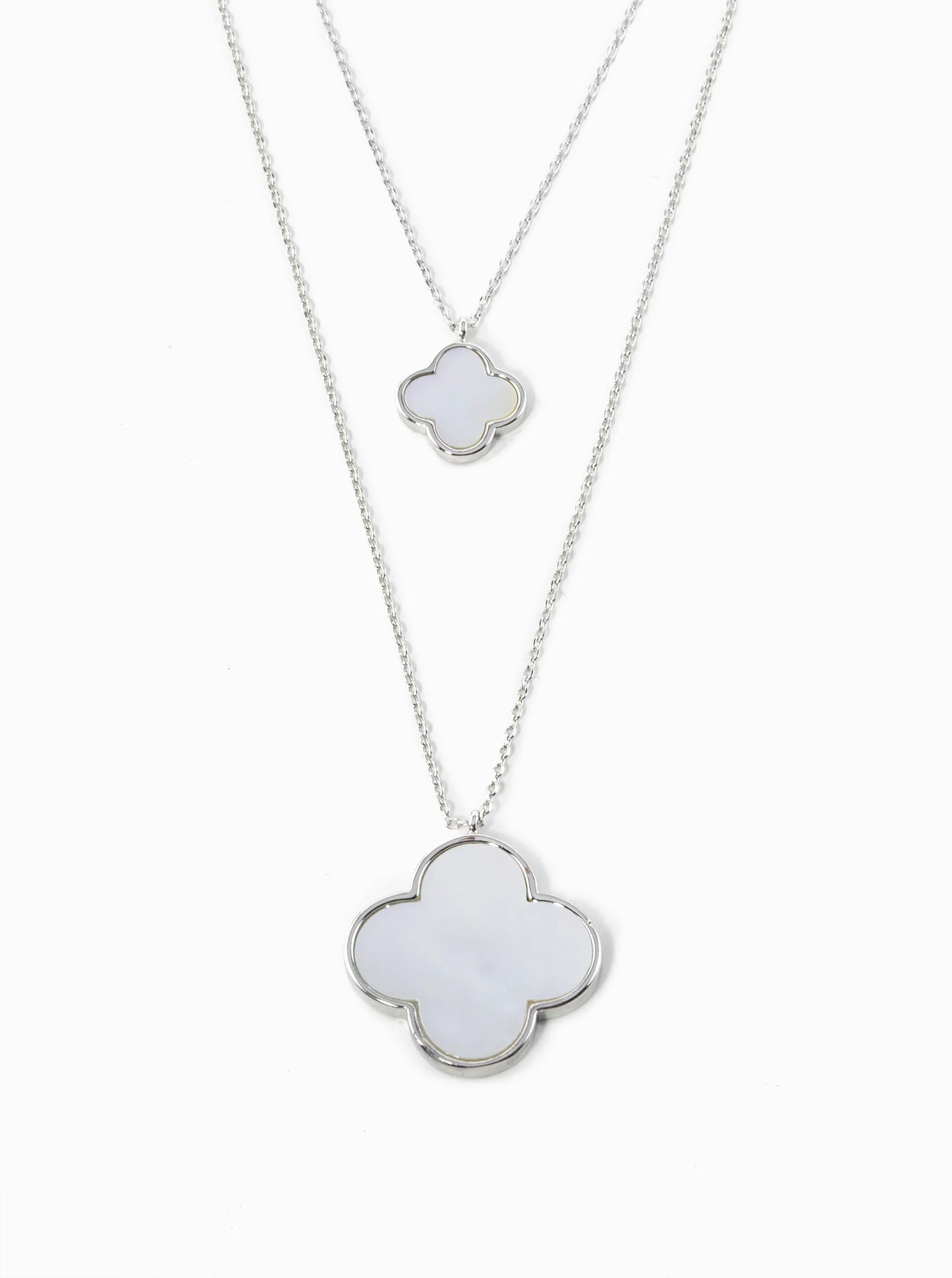 White Gold Dipped 22 And 12mm Double Quatrefoil Pendant Layered Necklace