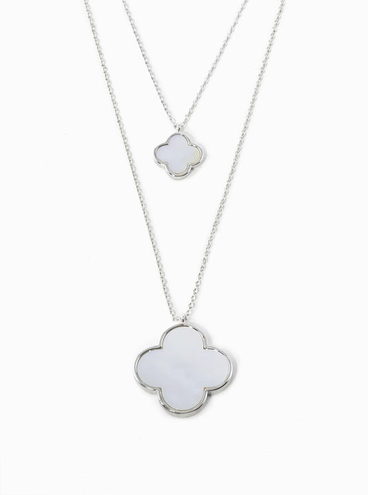 White Gold Dipped 22 And 12mm Double Quatrefoil Pendant Layered Necklace