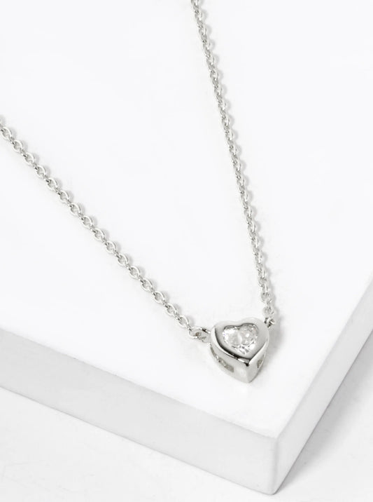 White Gold Dipped 5mm CZ Stone Heart Pendant Necklace