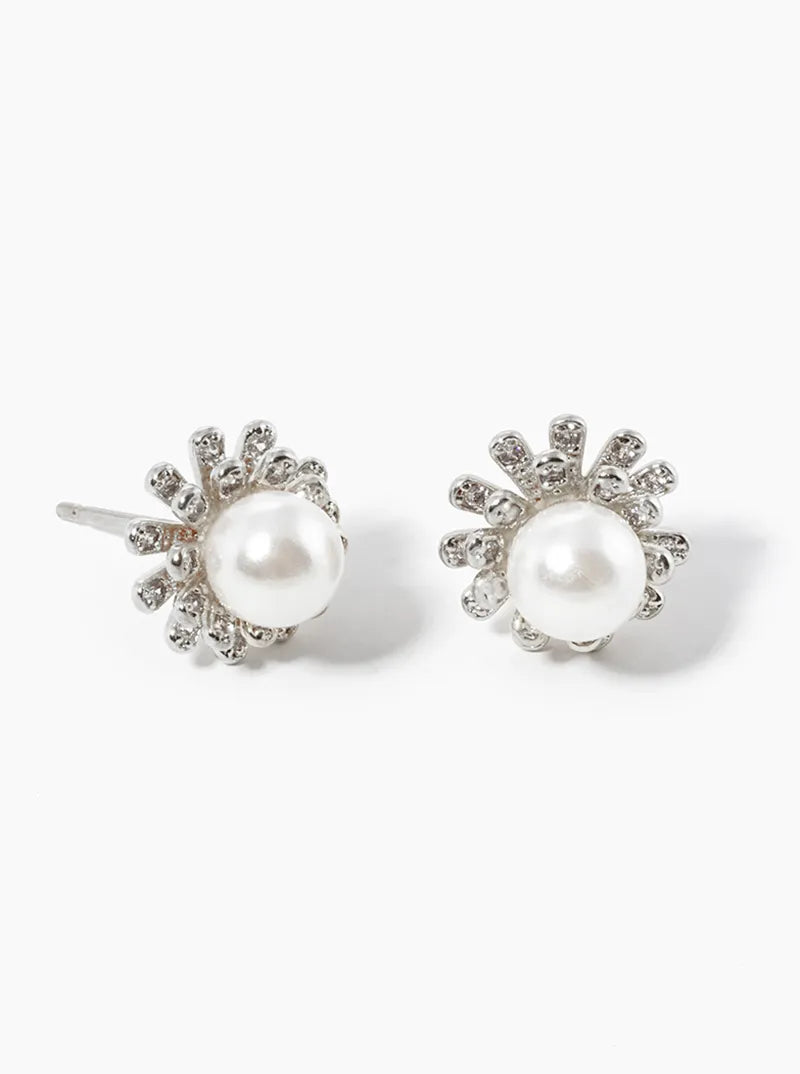 White Gold Dipped 6mm Pearl Flower Post Stud Earrings