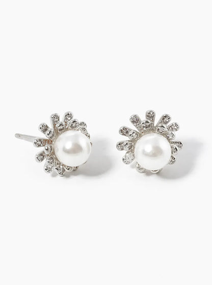 White Gold Dipped 6mm Pearl Flower Post Stud Earrings