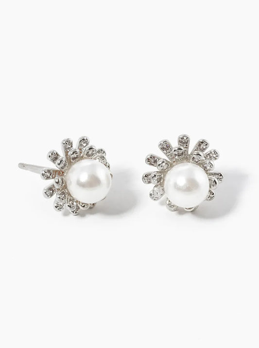White Gold Dipped 6mm Pearl Flower Post Stud Earrings
