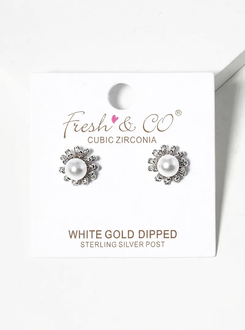 White Gold Dipped 6mm Pearl Flower Post Stud Earrings
