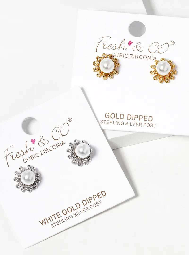 White Gold Dipped 6mm Pearl Flower Post Stud Earrings