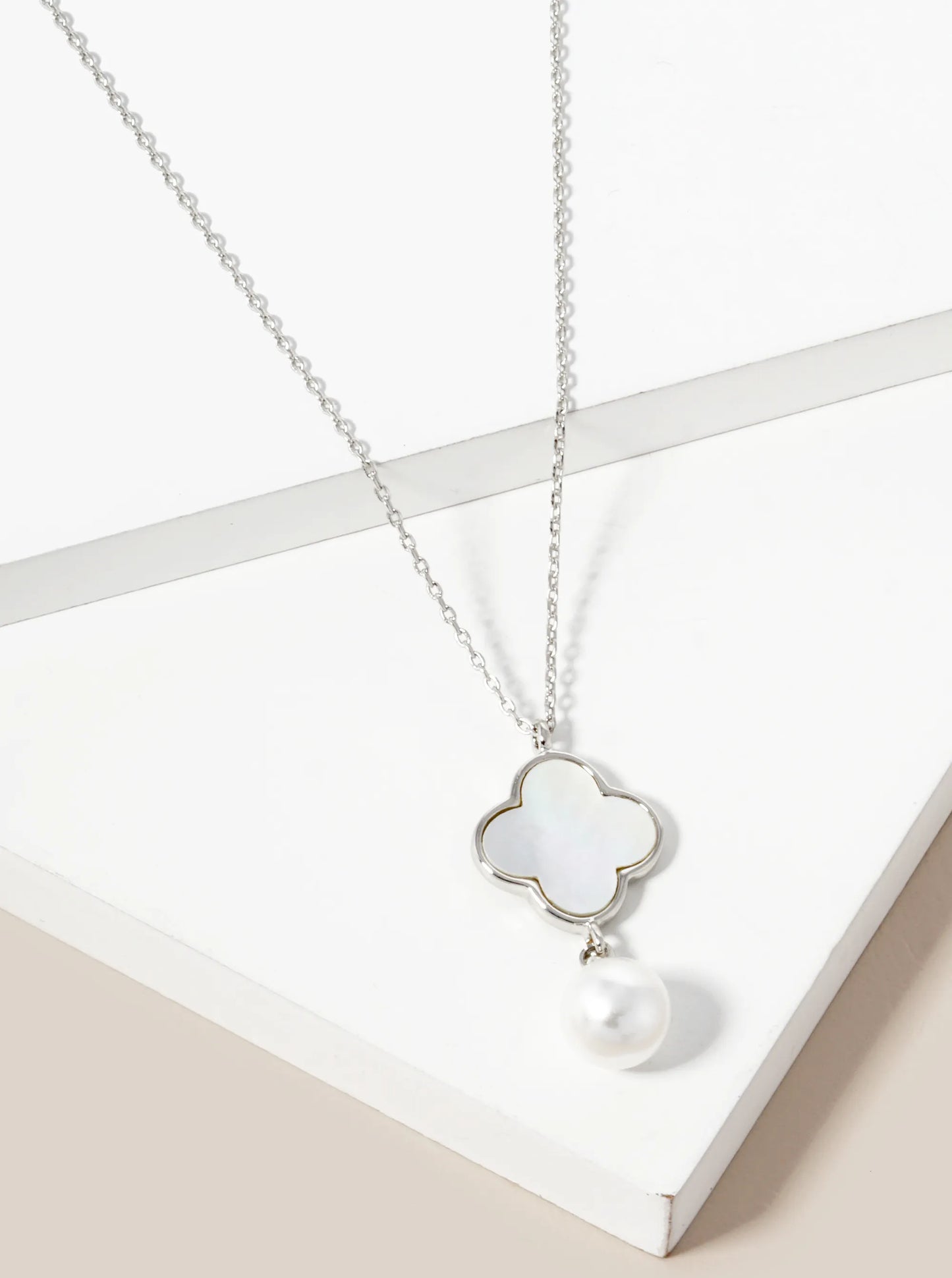 18K Gold Dipped 7mm Pearl Drop Quatrefoil Pendant Necklace