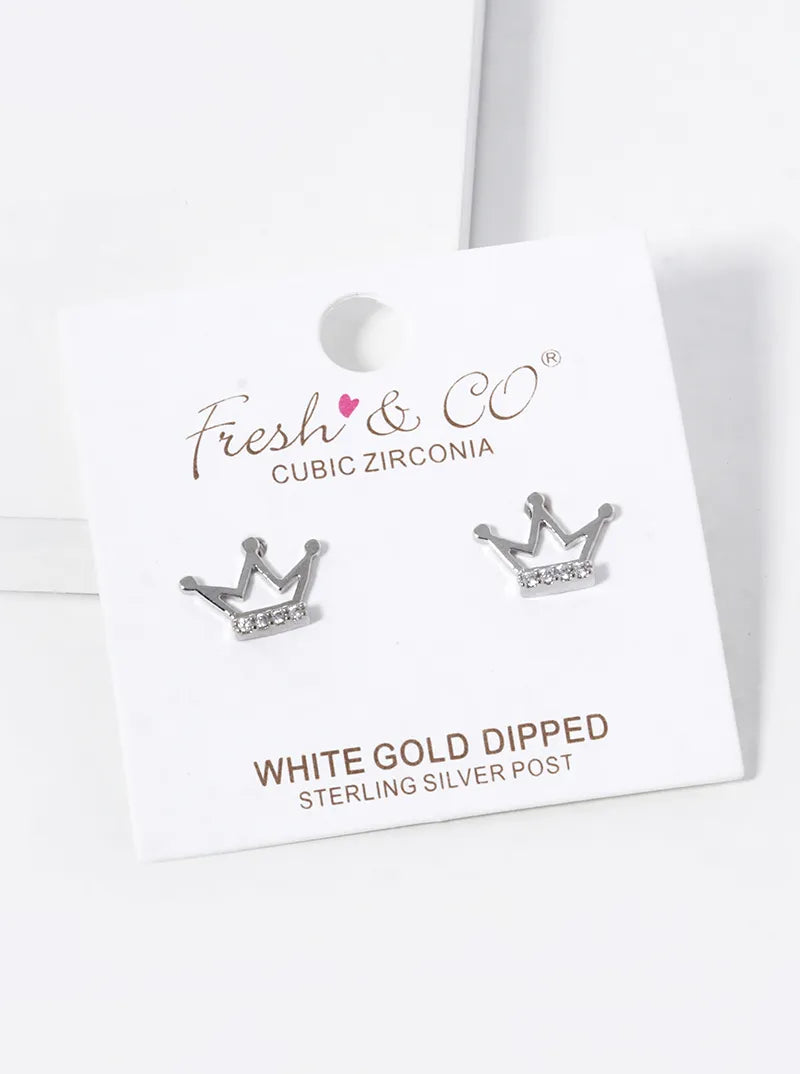 White Gold Dipped 8mm CZ Crown Stud Earrings