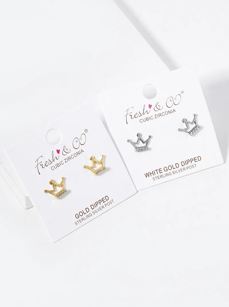 White Gold Dipped 8mm CZ Crown Stud Earrings