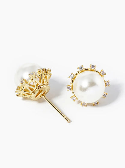 White Gold Dipped 8mm Pearl With CZ Stones Post Stud Earrings