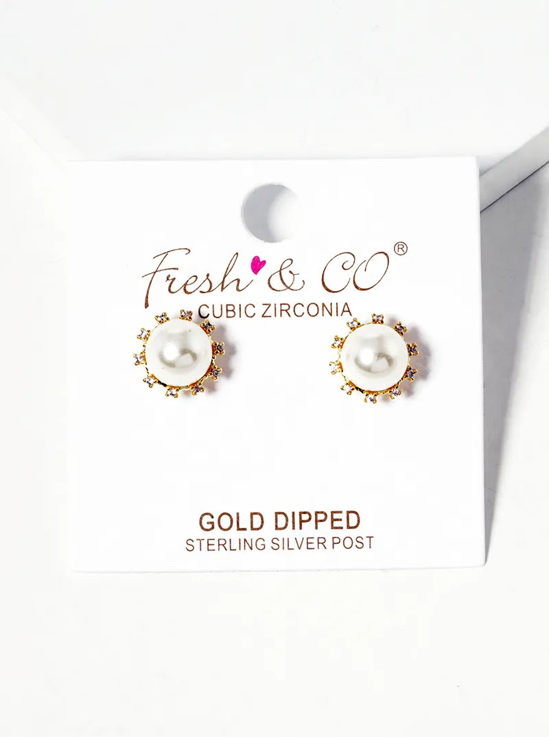 White Gold Dipped 8mm Pearl With CZ Stones Post Stud Earrings