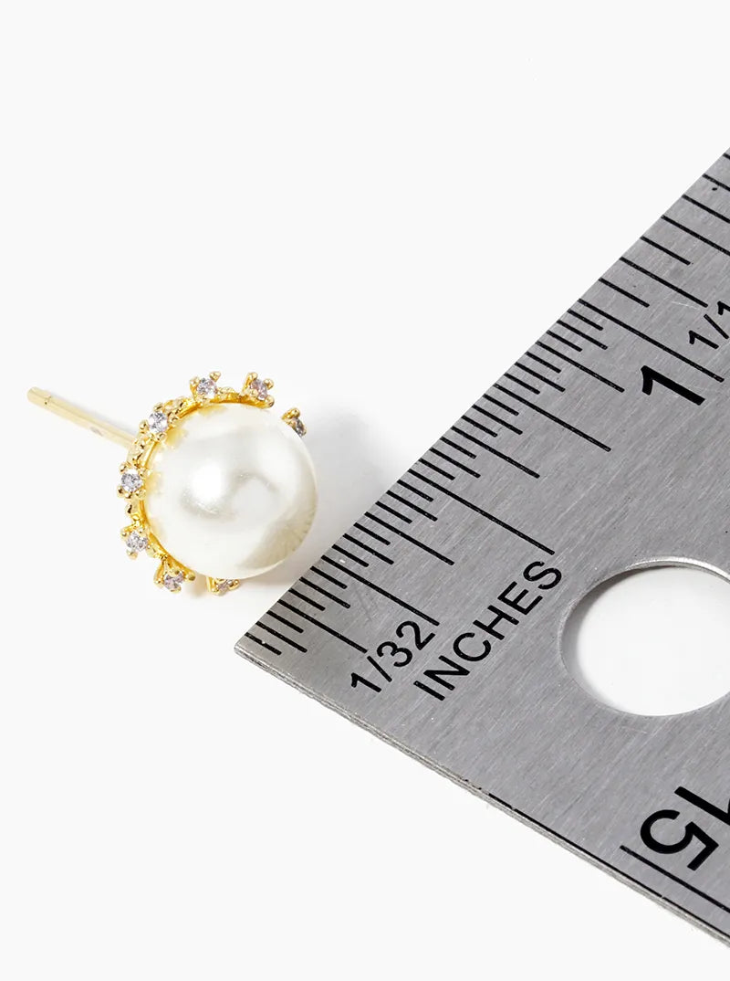 White Gold Dipped 8mm Pearl With CZ Stones Post Stud Earrings