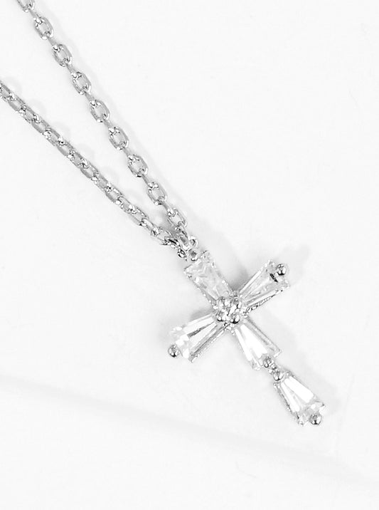 White Gold Dipped Baguette CZ Cross Pendant Delicate Necklace