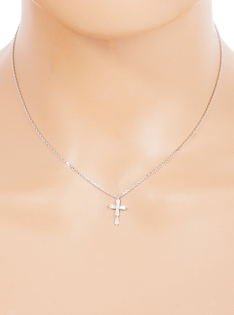 White Gold Dipped Baguette CZ Cross Pendant Delicate Necklace