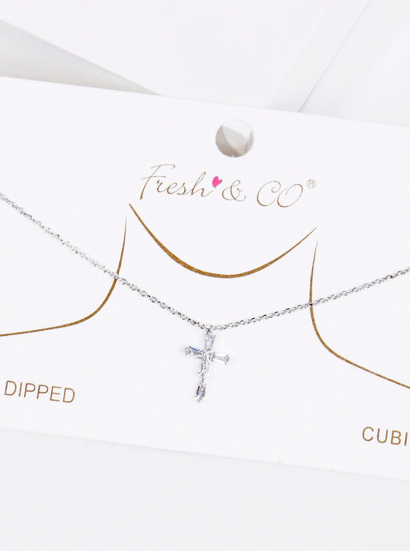 White Gold Dipped Baguette CZ Cross Pendant Delicate Necklace