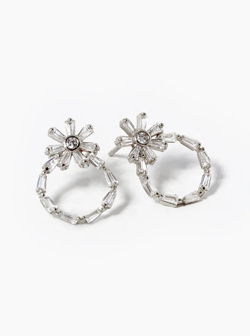 18k Gold Dipped Baguette CZ Pave Circle Drop Flower Stud Earrings