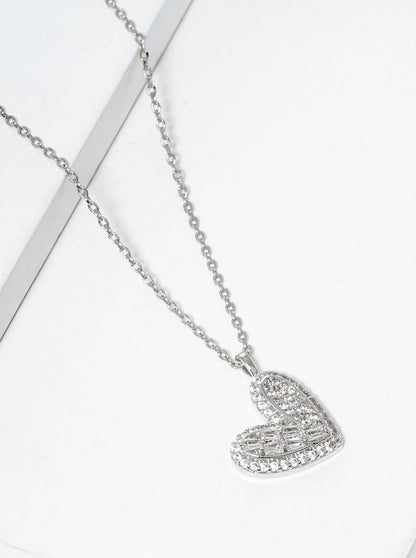 White Gold Dipped Baguette CZ Pave Sideways Heart Pendant Necklace