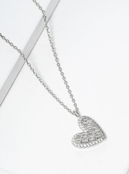 White Gold Dipped Baguette CZ Pave Sideways Heart Pendant Necklace