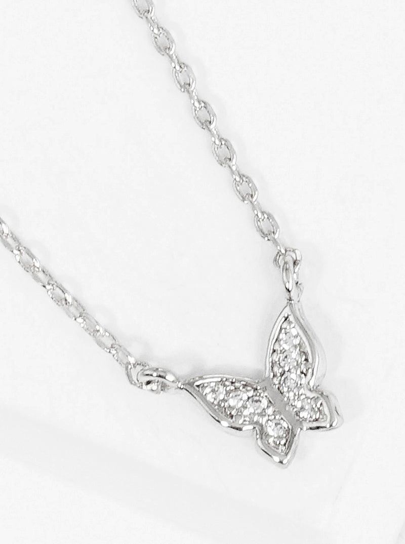 White Gold Dipped CZ Butterfly Pendant Necklace