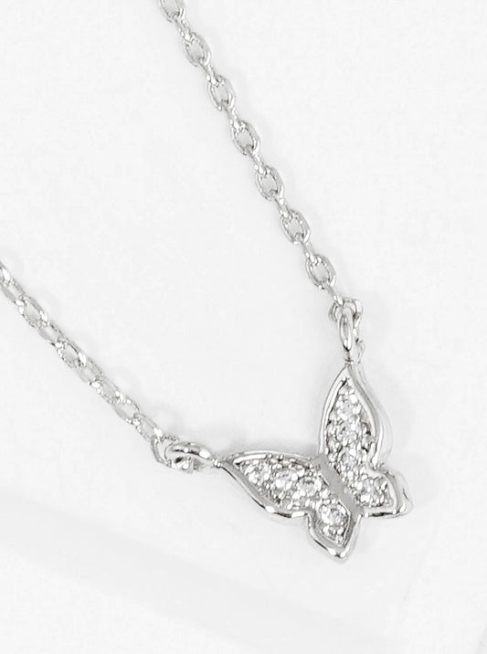 White Gold Dipped CZ Butterfly Pendant Necklace