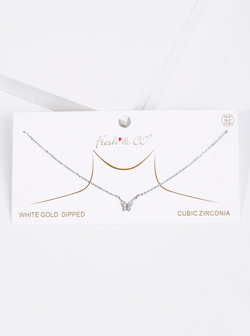 White Gold Dipped CZ Butterfly Pendant Necklace