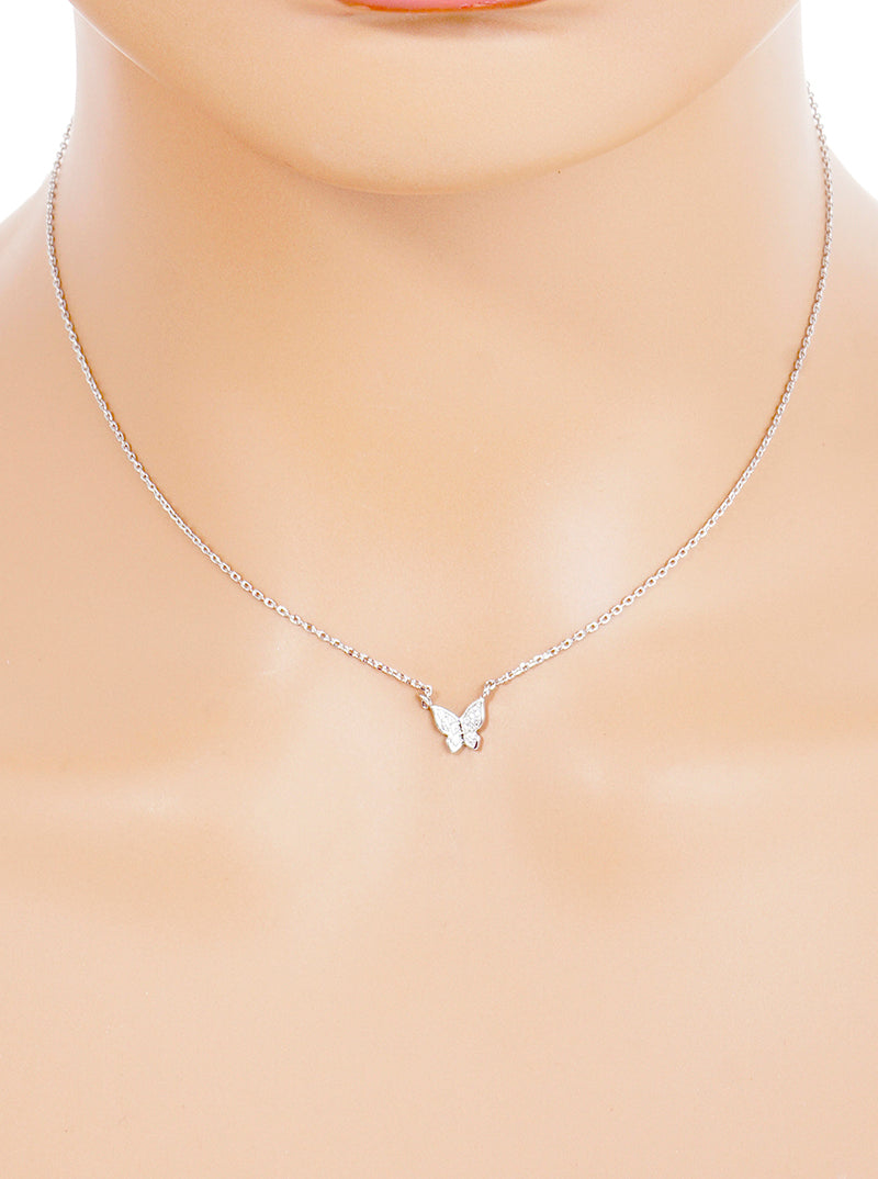 White Gold Dipped CZ Butterfly Pendant Necklace