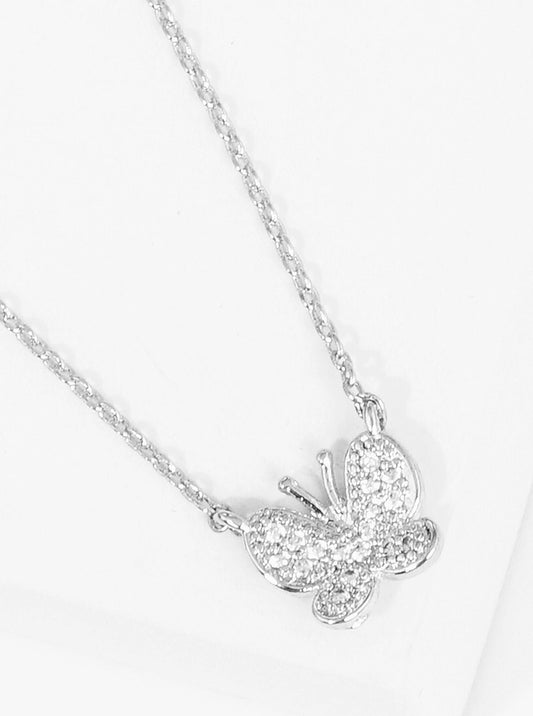 White Gold Dipped CZ Butterfly Pendant Necklace
