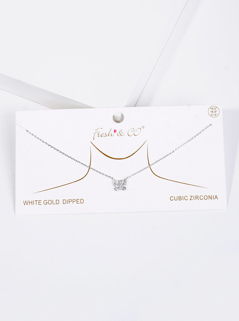 White Gold Dipped CZ Butterfly Pendant Necklace
