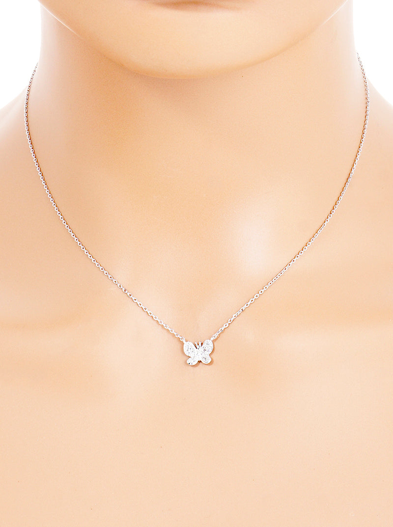 White Gold Dipped CZ Butterfly Pendant Necklace