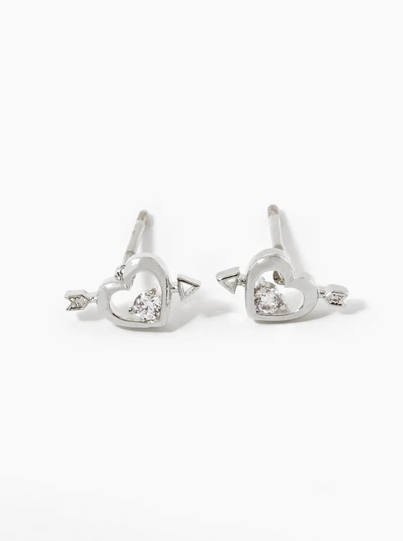 White Gold Dipped CZ Cupids Heart Stud Earrings