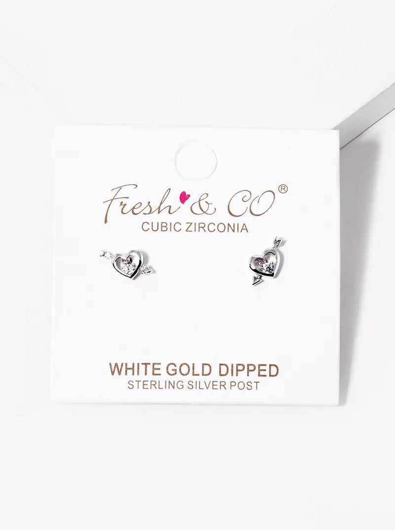 White Gold Dipped CZ Cupids Heart Stud Earrings