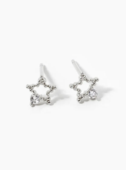 White Gold Dipped CZ Dainty Textured Star Stud Earrings