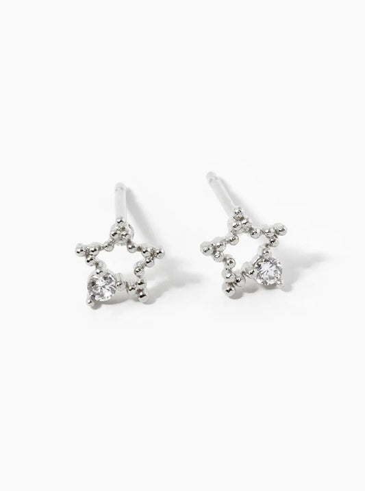 White Gold Dipped CZ Dainty Textured Star Stud Earrings