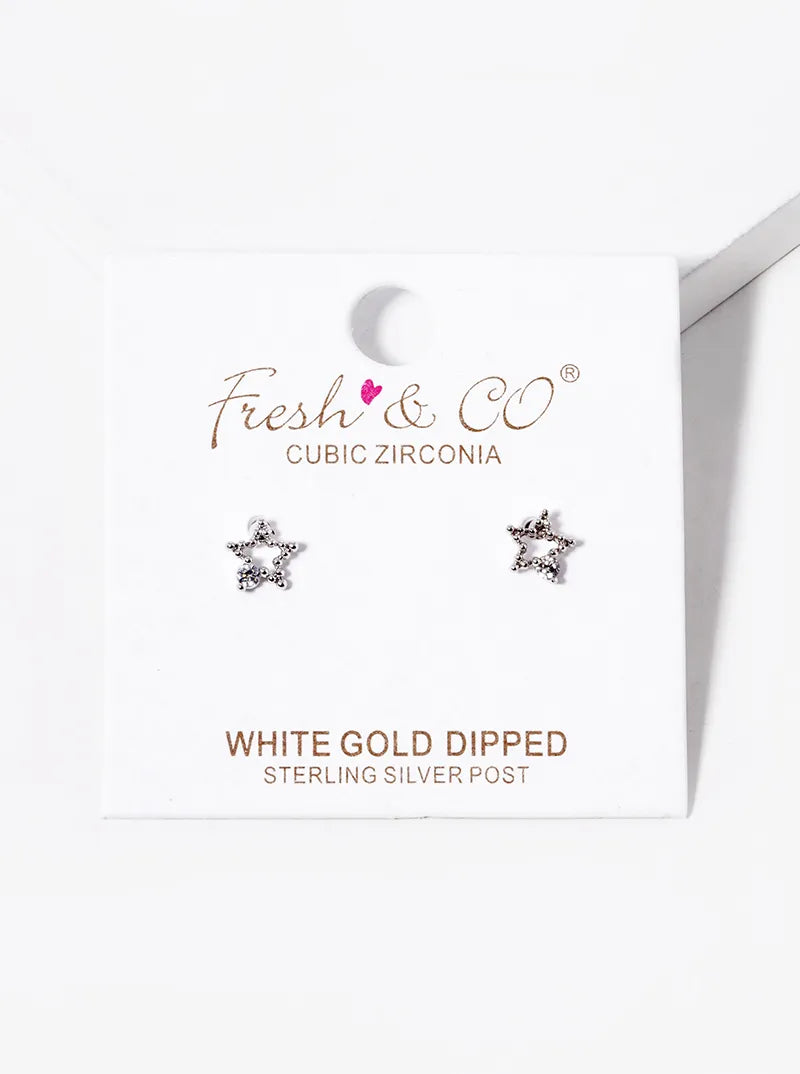 White Gold Dipped CZ Dainty Textured Star Stud Earrings