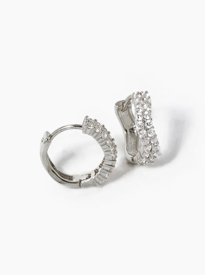 White Gold Dipped CZ Pave 12mm Wave Huggie Hoop Earrings