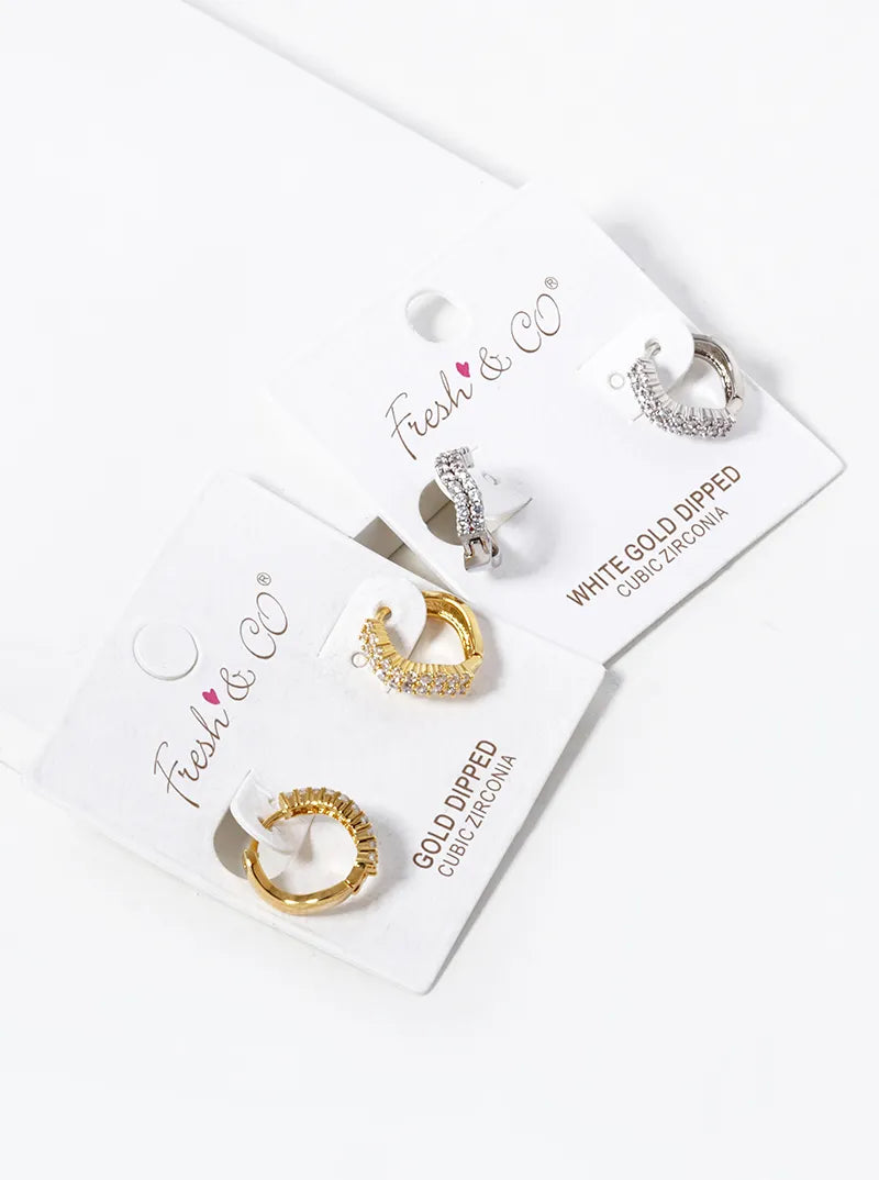 White Gold Dipped CZ Pave 12mm Wave Huggie Hoop Earrings