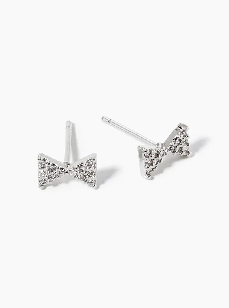 White Gold Dipped CZ Pave 4mm Ribbon Bow Post Stud Earrings