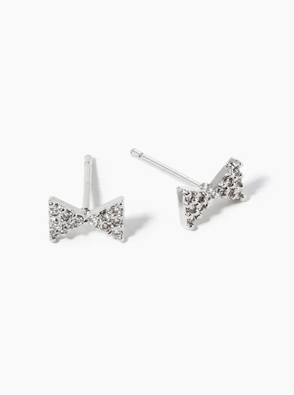 White Gold Dipped CZ Pave 4mm Ribbon Bow Post Stud Earrings