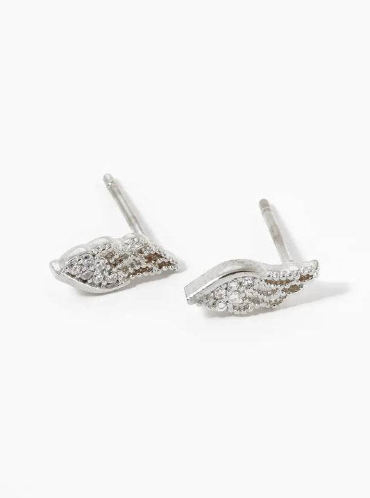 White Gold Dipped CZ Pave Angel Wings Stud Earrings
