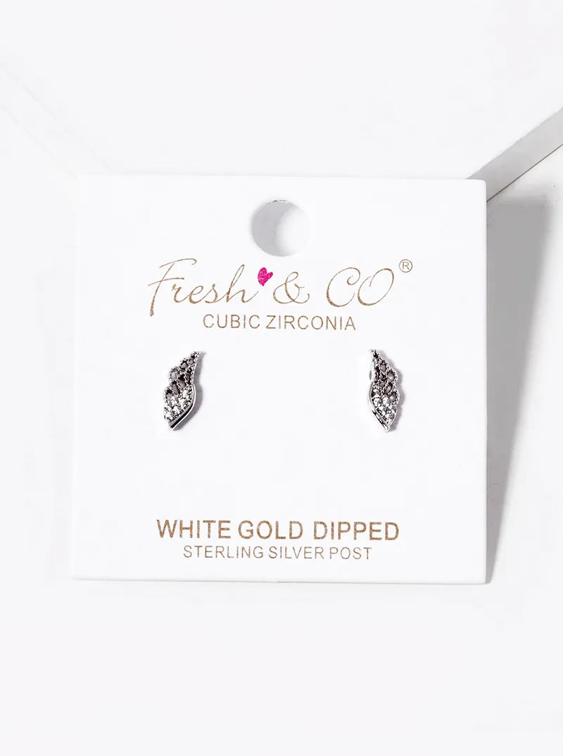 White Gold Dipped CZ Pave Angel Wings Stud Earrings