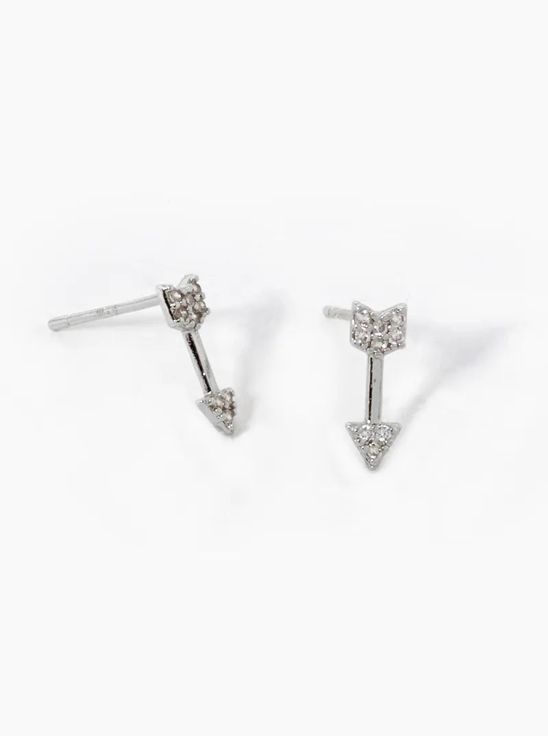 White Gold Dipped CZ Pave Arrow Stud  Earrings