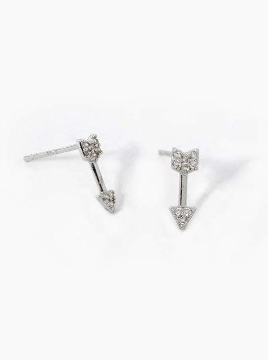 White Gold Dipped CZ Pave Arrow Stud  Earrings