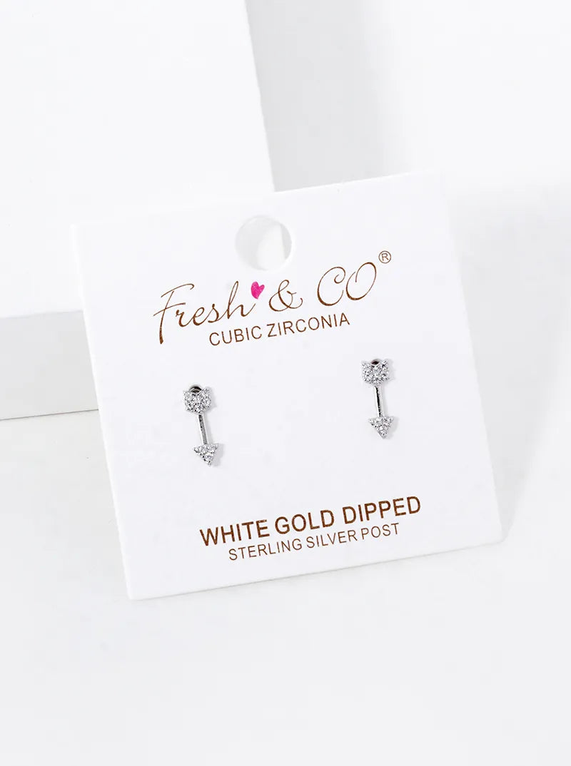 White Gold Dipped CZ Pave Arrow Stud  Earrings