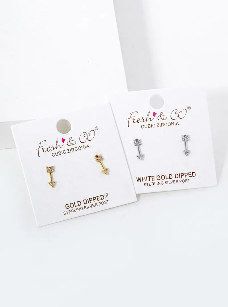 White Gold Dipped CZ Pave Arrow Stud  Earrings