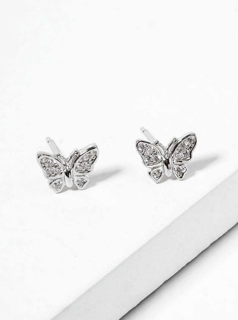 White Gold Dipped CZ Pave Butterfly Dainty Stud Earrings