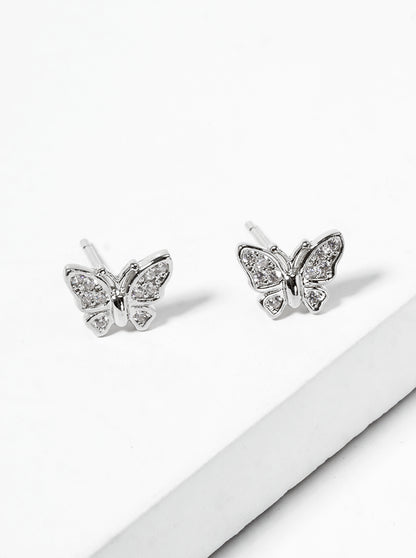 White Gold Dipped CZ Pave Butterfly Dainty Stud Earrings